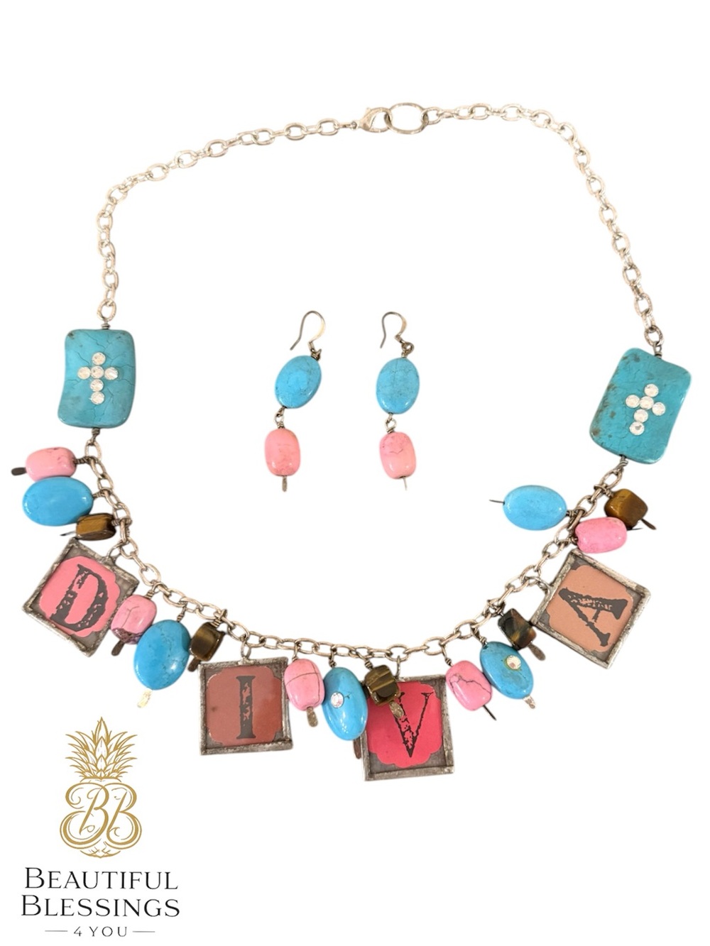 Y2K Diva Charm Necklace Set Colorful Statement Beaded Necklace w/Earrings Boho